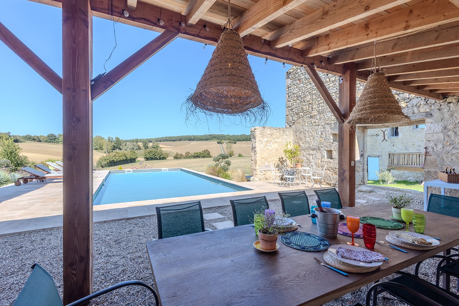 Terrasse de salle à manger avec piscine ombragée